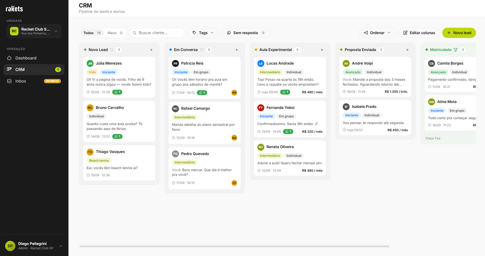 Pipeline de leads do Rakets em kanban
