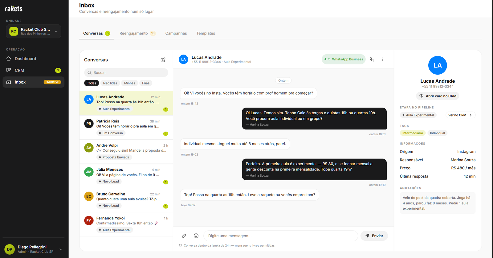 Inbox do Rakets com conversas do WhatsApp e ficha do lead